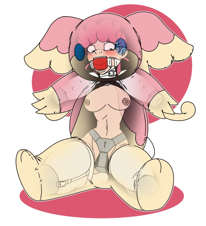 1girls audino ball_gag bitchsuit bondage chastity chastity_belt chastity_device collar female female_chastity female_only gag gagging generation_5_pokemon legs_apart pokemon raver1357 solo transparent_background white_outline