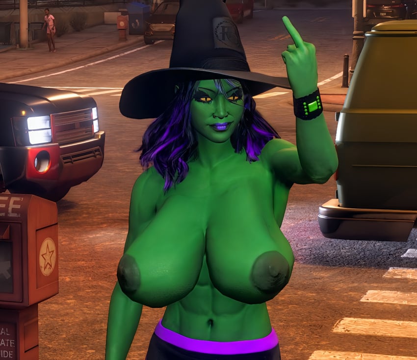 big_areola big_areolae big_breasts big_nipples custom_character cyber_gato enormous_breasts flipping_off giant_breasts gigantic_breasts green_nipples green_skin huge_areola huge_areolae huge_breasts huge_nipples large_areolae large_areolae large_breasts large_nipples massive_breasts middle_finger original_character original_characters playa_(saints_row) purple_hair purple_lipstick saints_row saints_row_(reboot) skirt witch witch_hat yellow_eyes