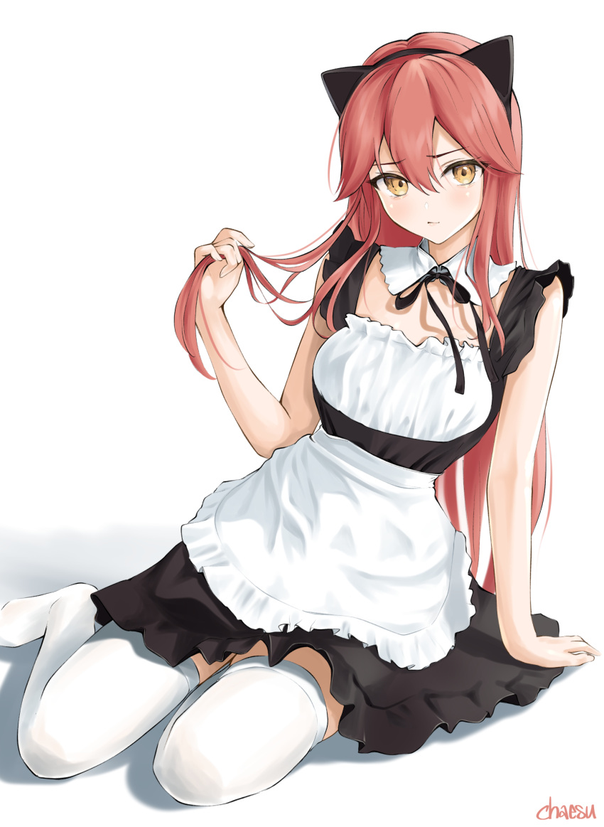 1girls apron black_dress bowtie breasts cat_ears chaesu detached_collar dress fake_animal_ears long_hair looking_at_viewer maid maid_apron maid_uniform original pink_hair small_breasts thighhighs yellow_eyes