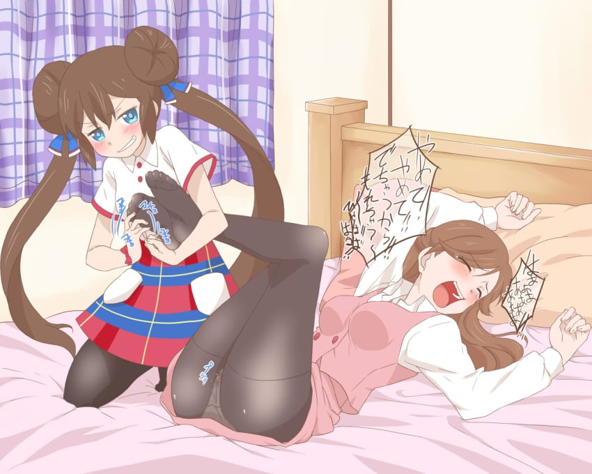 2girls bed blue_eyes breasts brown_hair clerk_(pokemon) closed_eyes curtains double_bun gizen_yasan hair_bun laughing long_hair medium_breasts nintendo npc_trainer on_bed panties panties_under_pantyhose pantyhose pillow pink_skirt pink_vest pokemon pokemon_bw2 red_skirt rosa_(pokemon) shirt skirt tickling tickling_feet twintails vest white_panties white_shirt yuri