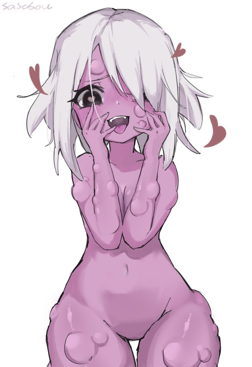 fangs heart heart heart-shaped_pupils in_heat in_love looking_at_viewer lust_(the_binding_of_isaac) pink_skin the_binding_of_isaac tongue tongue_out white_background white_hair wide_hips yandere