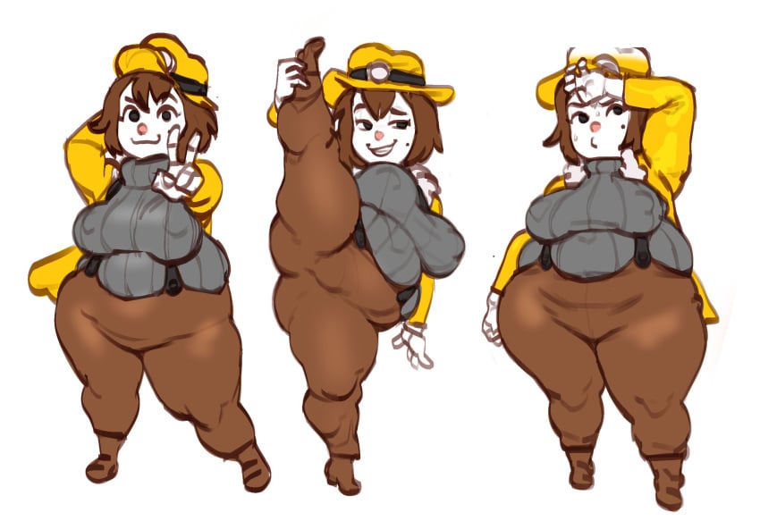 ana_spelunky brown_hair chubby chubby_female leg_lift peace_sign plump shortstack spelunky spelunky_2 sweat thick_thighs tod0231 wide_hips