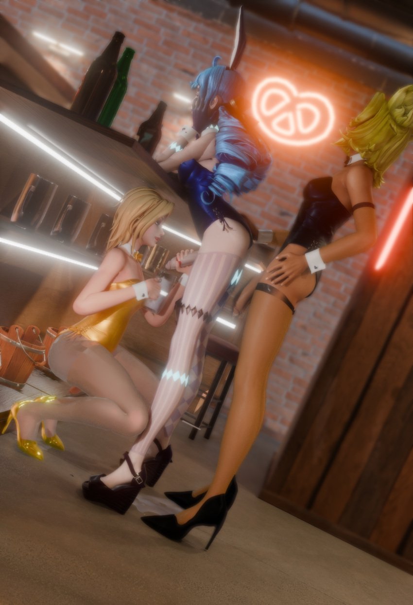 3d alcohol blonde_hair blue_hair bunny_ears bunny_girl bunnysuit cum cum_drip cum_in_glass dark_skin dick futanari gwen_(league_of_legends) high_heels league_of_legends luxanna_crownguard otaviox6 wedge_heels white_skin yellow_hair zeri_(league_of_legends)