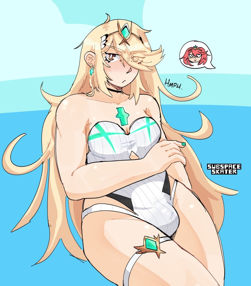 1futa bulge bulge_through_clothing futa_only futanari mythra_(xenoblade) one-piece_swimsuit subspaceskater swimsuit xenoblade_(series) xenoblade_chronicles_2