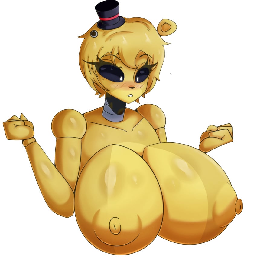 ! 1girls animatronic big_breasts blush breast_expansion busty five_nights_at_freddy's five_nights_in_anime giant_breasts gigantic_breasts golden_freddy_(fnaf) golden_hair golden_skin huge_breasts hyper_breasts large_breasts looking_down looking_surprised nipples rule_63 surprised tagme tr_yithaz yellow_skin