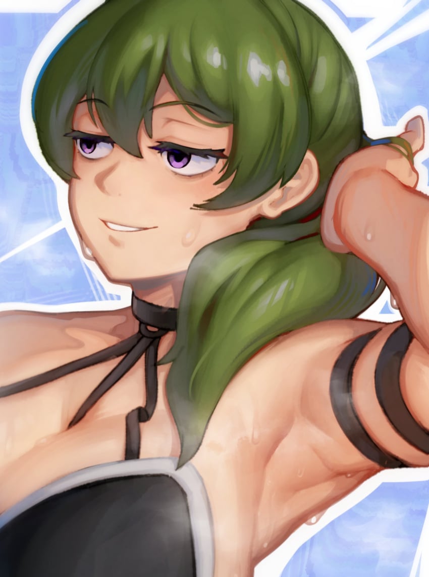 1girls 2024 adjusting_hair arm_up armband armpit_fetish armpit_focus armpits big_breasts black_dress blue_background breasts busty cleavage close-up clothed clothed_female clothes clothing dress eyelashes female front_view green_hair grin hair hair_over_shoulder half-closed_eyes hand_in_hair hi_res human large_breasts light-skinned_female light_skin long_hair musk musk_clouds notsorapoi ponytail presenting presenting_armpit purple_eyes raised_arm smile smiling solo sousou_no_frieren sweat sweatdrop sweating sweaty sweaty_armpits teeth ubel_(sousou_no_frieren) upper_body