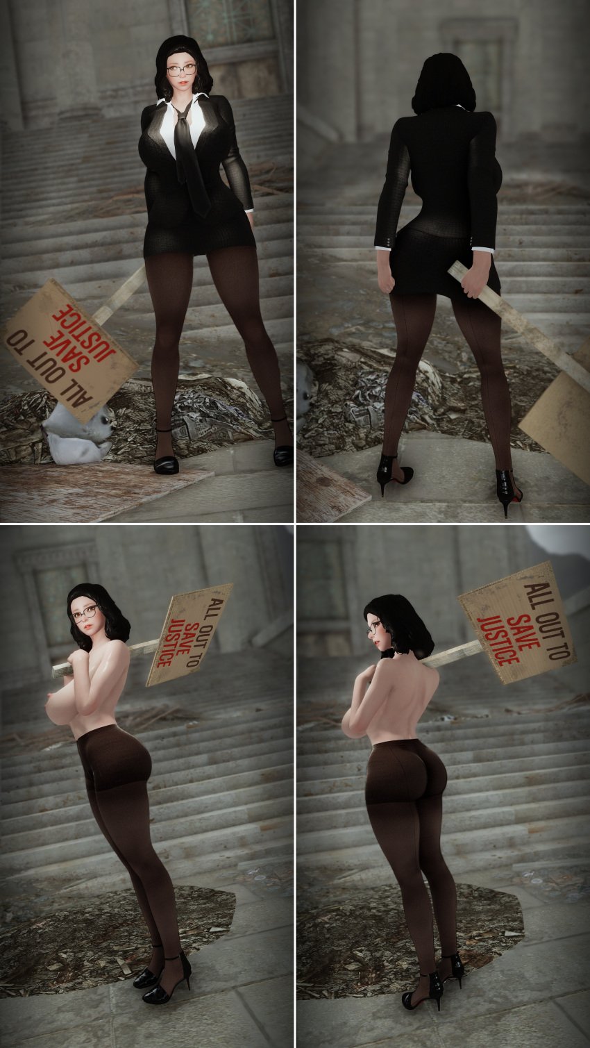 3d 3d_(artwork) ass_focus bethesda_softworks fallout formal glasses heels nude_female on_off pantyhose_only protest protest_sign protesting topless_female vault_dweller