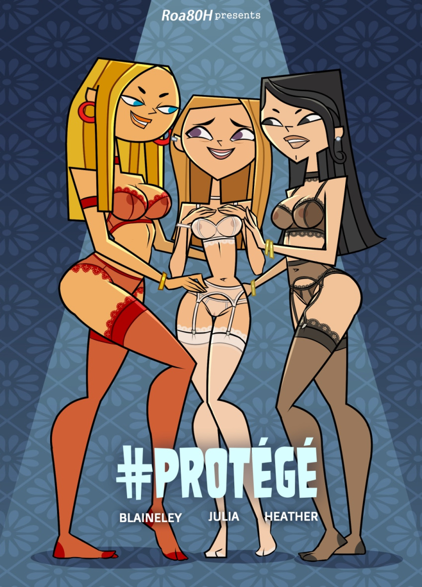 3girls accurate_art_style antagonist blaineley_(tdi) heather_(tdi) julia_(tdi) lingerie multiple_girls roa80h tagme total_drama_island total_drama_island_(2023) yuri