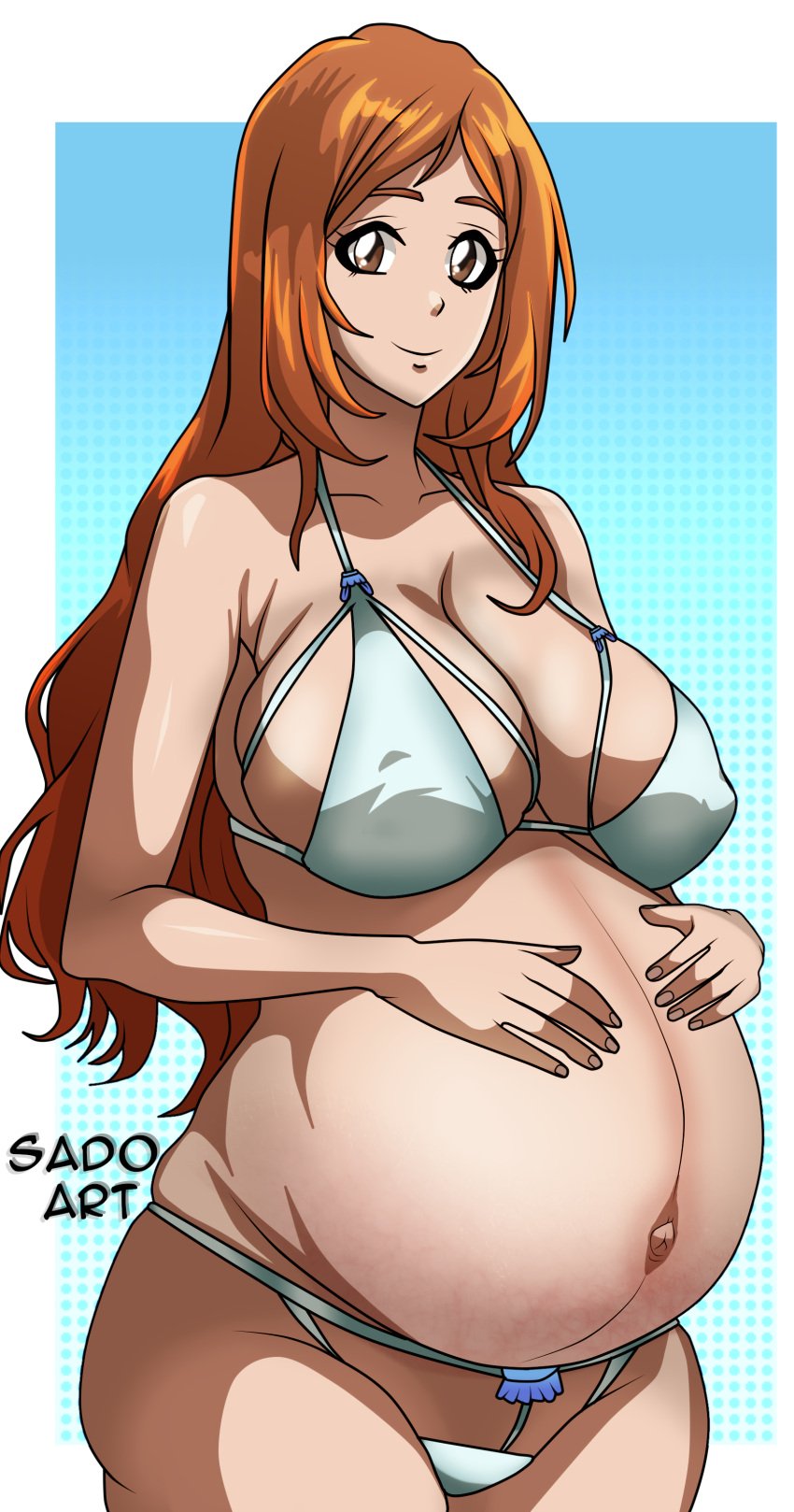 1girls belly big_belly big_breasts bikini bleach breasts cleavage female huge_breasts inoue_orihime light-skinned_female light_skin nipple_bulge orange_hair outie_navel pregnant sado_art solo