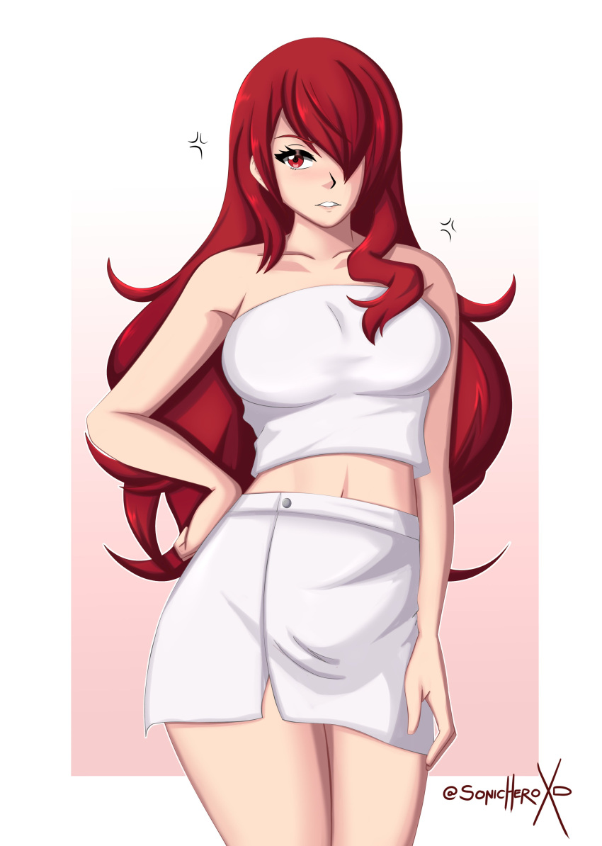 2d artist_name atlus breasts female female_only light-skinned_female light_skin mitsuru_kirijo pale-skinned_female pale_skin persona persona_3 red_eyes red_hair simple_background solo sonicheroxd watermark