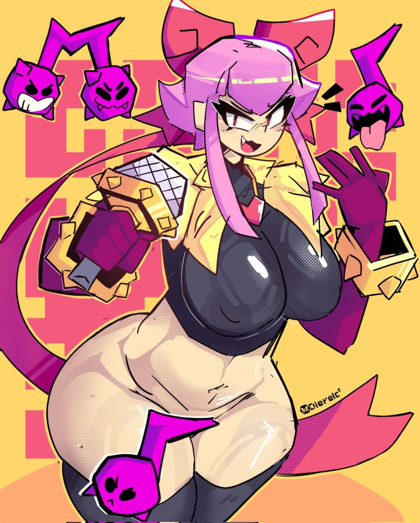 belly big_ass big_breasts black_clothing brawl_stars chubby_thighs dierelc fang hip_dips hips_wider_than_shoulders melodie_(brawl_stars) microphone musical_instrument musical_note pink_hair red_eyes socks tagme wide_hips