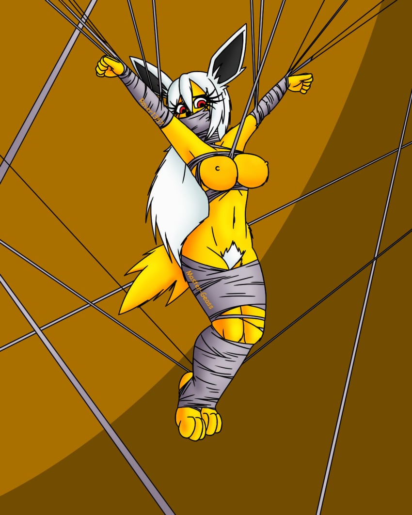 1girls anthro bondage breasts_out female female_focus female_only generation_1_pokemon jolteon master-geass pokémon_(species) pokemon raver1357 solo spider_web suspension third-party_edit web_bondage web_gag white_hair yellow_background