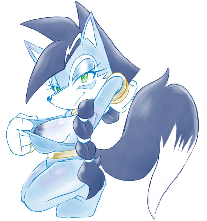 anthro archie_comics blue_body blue_monochrome braided_hair braided_ponytail breasts canid canine canis clothing clothing_pull crouching facial_markings female glistening glistening_body glistening_breasts green_eyes hair head_markings hi_res icydirtball jewelry lupe_the_wolf mammal markings nipples ponytail sega simple_background smile smiling_at_viewer smirk smirking_at_viewer solo sonic_(series) sonic_the_hedgehog_(archie) sonic_the_hedgehog_(comics) sonic_the_hedgehog_(series) tail wolf