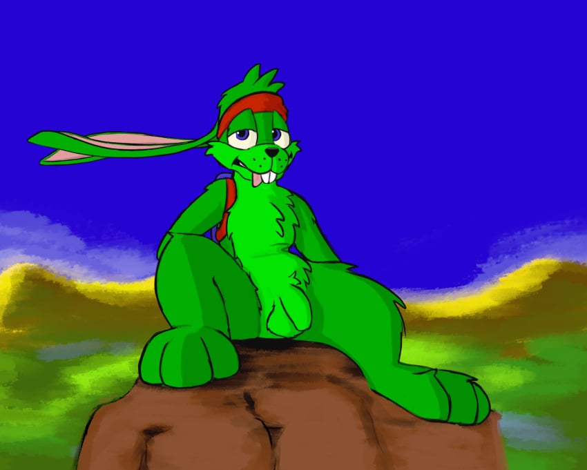 2024 accessory anthro backpack balls bandana blue_eyes buckteeth cheek_tuft chest_tuft crotch_tuft detailed_background digitigrade epic_games facial_tuft feet flaccid fluffy foreskin front_view fur genitals green_body green_fur half-closed_eyes hare head_tuft hi_res humanoid_genitalia humanoid_penis jazz_jackrabbit jazz_jackrabbit_(series) kerchief lagomorph leporid long_ears looking_at_viewer male mammal narrowed_eyes nude outside paws penis pinup pose presenting shaded sitting sky smile solo spread_legs spreading teeth toes tongue tongue_out toony tuft valvon