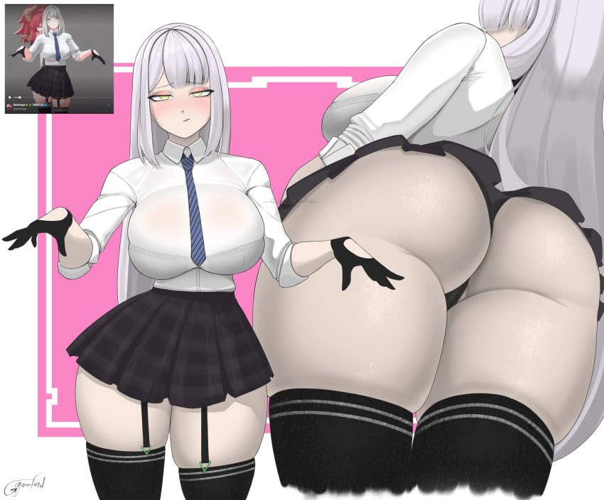 1girls ass big_ass big_breasts blush breasts butt clothed dat_ass from_below garter_straps ggrimmfield gloves huge_breasts looking_at_viewer panties reference_image see-through short_skirt skirt solo thick_thighs thigh_highs thighhighs tie upskirt virtual_youtuber vshojo white_hair white_shirt yellow_eyes zentreya