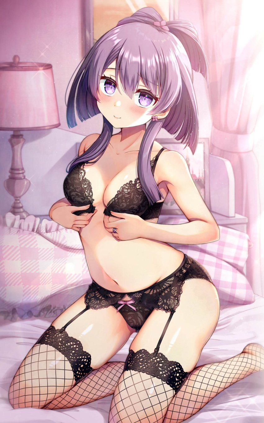 1girls aika_himena bikini black_bra bra legs liu12god looking_at_viewer magia_record:_mahou_shoujo_madoka_magica_gaiden magical_girl mahou_shoujo_madoka_magica medium_breasts medium_hair puella_magi_madoka_magica purple_eyes purple_hair solo solo_female solo_focus white_skin