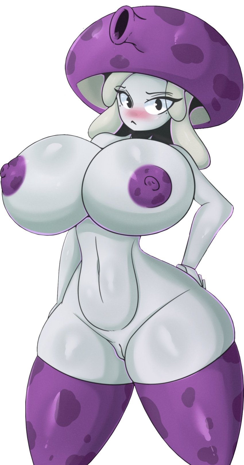 1girls big_breasts blush blushing female fume-shroom_(pvz) fungy grey_skin mushroom mushroom_humanoid naked naked_female nipples plant_girl plants_vs_zombies thick_thighs thighs tr_yithaz vagina white_background