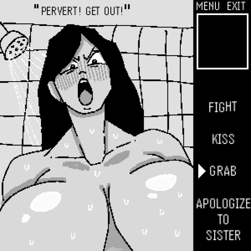 angry angry_expression angry_eyes angry_face black_hair blush dialogue embarrassed game_hud incest lewdbeef naked naked_female nude nude_female original rpg_game shower showering sister text walking_in_on