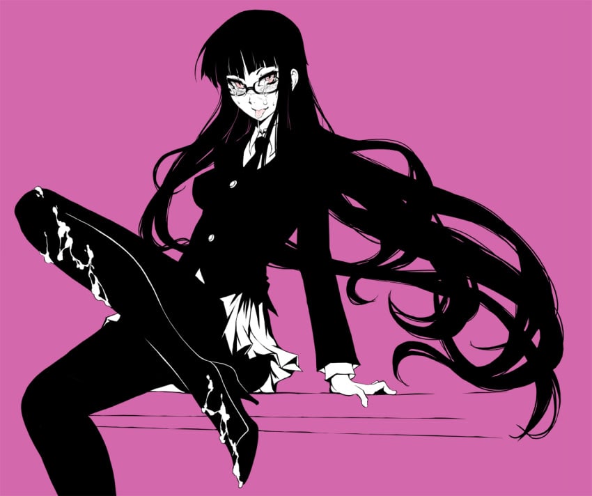 1girls cum cum_on_body cum_on_clothes cum_on_face cum_on_glasses cum_on_leg cum_on_lower_body eu03 facial female female_protagonist_(houkago_play) glasses high_heels hime_cut houkago_play long_hair necktie pantyhose school_uniform shoes sitting skirt solo spot_color tongue tongue_out very_long_hair