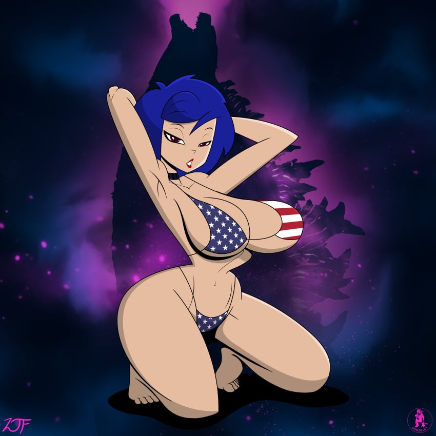 1girls american_flag_bikini artist_signature asian ass barefoot big_ass big_breasts bikini blue_hair cel_shading choker connie_matsu detailed_background dinosaur female female_only flag_bikini flag_print flag_print_swimsuit godzilla godzilla:_domination godzilla_(series) human kaiju monster monsterverse pinup purple_eyes red_lipstick remastered rustysh4ckl3ford seductive seductive_look seductive_pose short_hair silhouette solo spines tail thick_ass thick_thighs toho underboob voluptuous