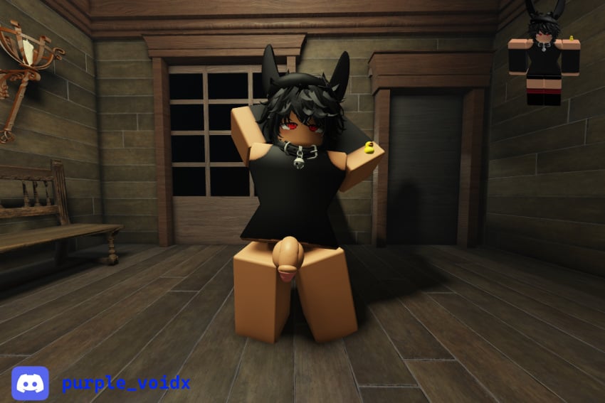 1boy 3d bench black_hair bottomless bunny_ears collar discord_(app) discord_logo discord_username femboy feminine_male flaccid foreskin house looking_at_viewer penis purple_voidx red_eyes reference_image roblox roblox_avatar robloxian self_upload tagme tinted_windows tranquility6024 wiggle