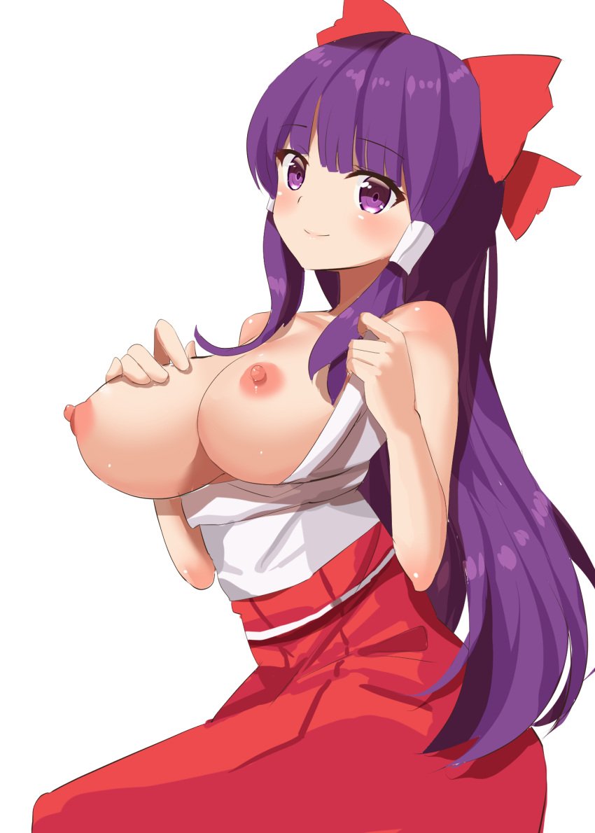 bow breasts breasts_out closed_mouth female fujiko_(emnprmn) hairbow hakurei_reimu hakurei_reimu_(pc-98) highres japanese_clothes large_breasts long_hair looking_at_viewer miko nipples purple_eyes purple_hair reimu_hakurei simple_background smile solo touhou touhou_(pc-98) white_background