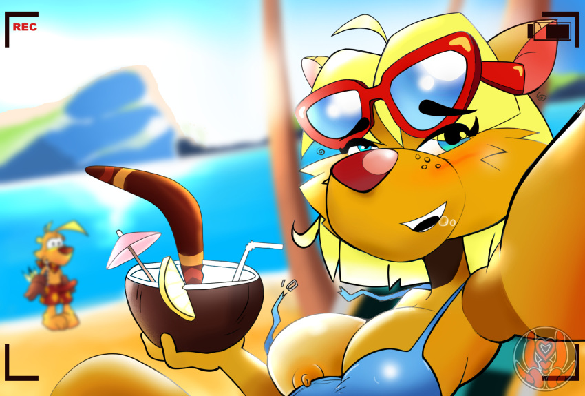 1boy 1girls anthro areola areola_slip artist_logo beach beverage big_breasts bikini bikini_top blonde_hair blue_bikini blue_bikini_top blue_clothing blue_eyes blue_swimwear blurred_background blush boomerang bottomwear breasts camera_view canid canine canis clothed clothing coconut coconut_drink dasyuromorph dingo drink_umbrella drunk drupe_(fruit) duo erection erection_under_clothing eyewear eyewear_on_head female food freckles fruit hair hi_res lemon_slice logo looking_at_another looking_at_viewer male male/female mammal marsupial medium_hair nipple_slip nipples plant red_nose seaside shazza shazza_the_dingo shorts sitting smile snapped_bikini straps straw substance_intoxication sunglasses sunglasses_on_head swimwear tenting theredroo thylacine ty_the_tasmanian_tiger ty_the_tasmanian_tiger_(series) yellow_body