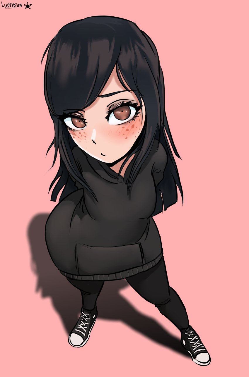 1girls black_hair black_pants brown_eyes clothed clothed_female clothing converse converse_shoes cute female female_only freckles freckles_on_face full_body hi_res hoodie long_hair looking_at_viewer luana_(lustysun) lustysun non_nude original_character pants shoes solo solo_female solo_focus standing tagme viewed_from_above