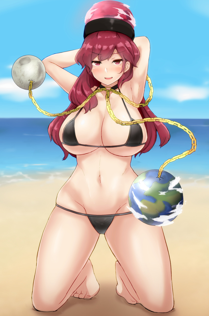 1girl 1girls ball barefoot beach bikini black_bikini breasts chain collar day earth_(ornament) gold_chain hecatia_lapislazuli highres horizon kneeling large_breasts long_hair mani_padme moon_(ornament) navel ocean outdoors planet red_hair solo swimsuit tagme touhou water