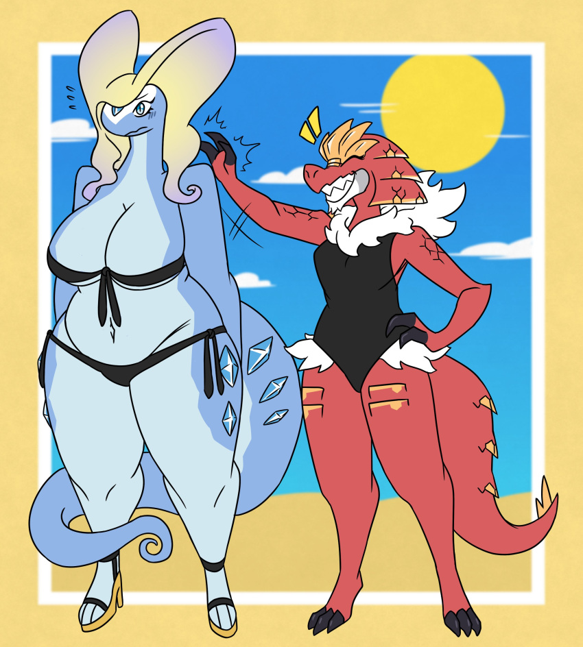 2girls anthro aurorus big_breasts bikini breasts cleavage female furry generation_6_pokemon huge_breasts nerdyreindeer nintendo pokemon pokemon_(species) thick_thighs tyrantrum wide_hips