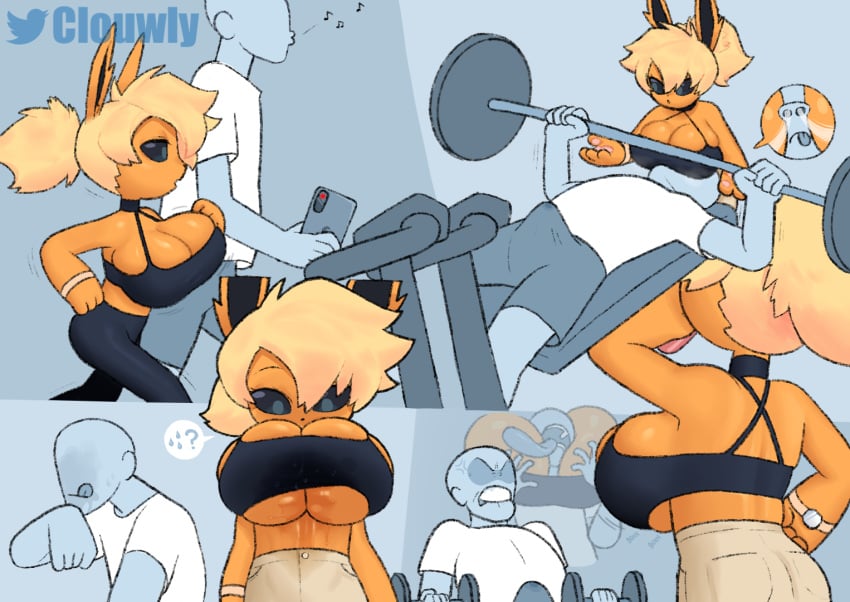 anthro big_breasts breasts cleavage clouwly eeveelution erie_(clouwly) flareon generation_1_pokemon leaning_forward nintendo owo pokémon_(species) pokemon pokemon_(species) sideboob tagme top_heavy