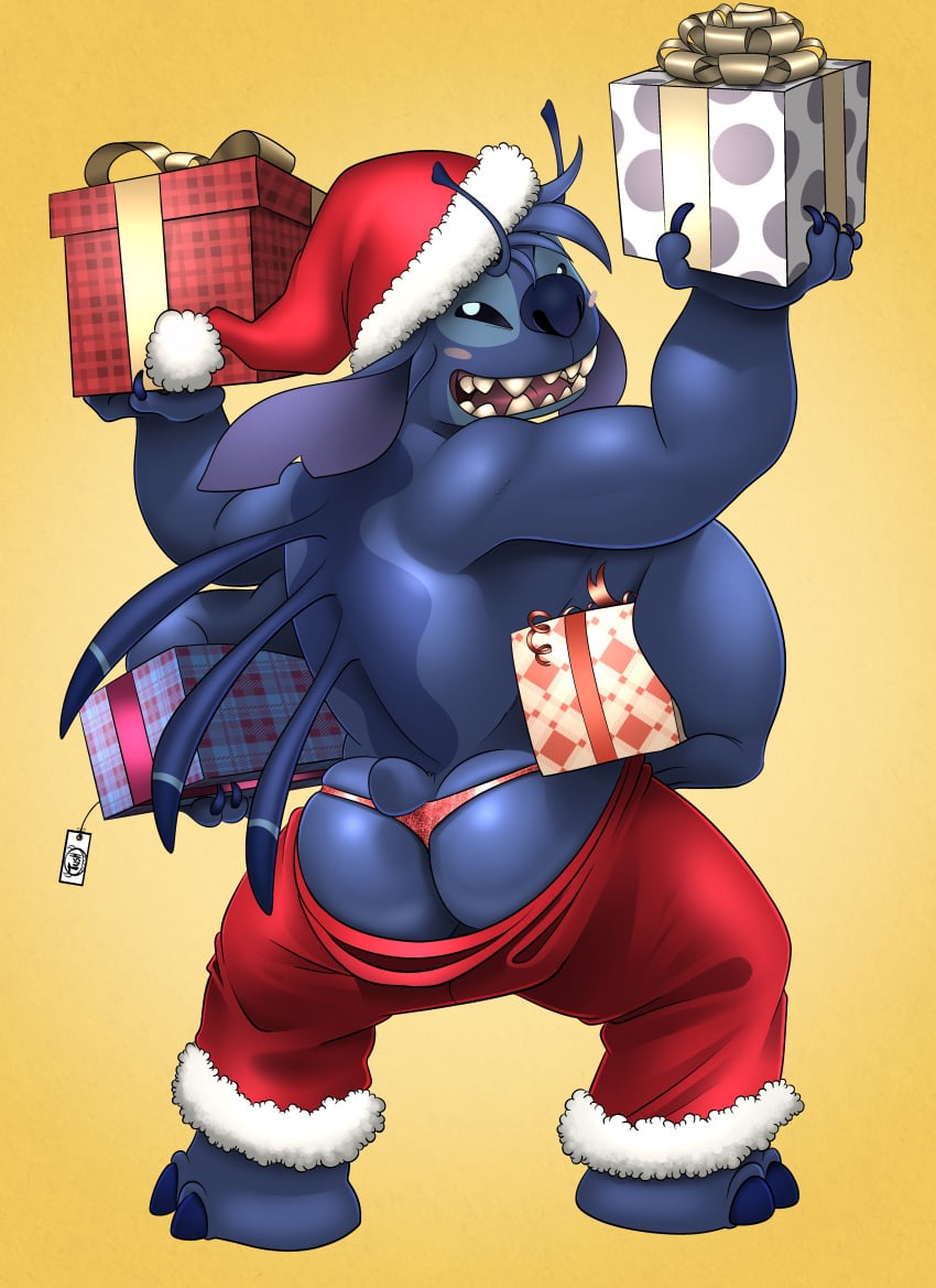 2023 4_arms 4_fingers absurd_res alien antennae_(anatomy) anthro anthrofied ass back_markings back_spines backsack balls barely_visible_balls barely_visible_genitalia biped blue_body blue_claws blue_fur blue_nose blush blush_stickers bottomwear bubble_butt christmas christmas_clothing christmas_headwear claws clothing digital_drawing_(artwork) digital_media_(artwork) dipstick_antennae disney ears_down experiment_(lilo_and_stitch) exposed_butt finger_claws fingers fur genitals gift gift_box gift_tag gradient_background hat headgear headwear hi_res holding_gift holding_object holidays lilo_and_stitch looking_at_viewer looking_back looking_back_at_viewer male male_only markings multi_arm multi_limb multicolored_antennae narrowed_eyes notched_ear open_mouth open_smile pants pivoted_ears rear_view red_bottomwear red_clothing red_pants red_thong red_underwear santa_hat shaded simple_background small_tail smile soft_shading solo standing stitch_(lilo_and_stitch) tail thong toe_claws tush underwear yellow_background