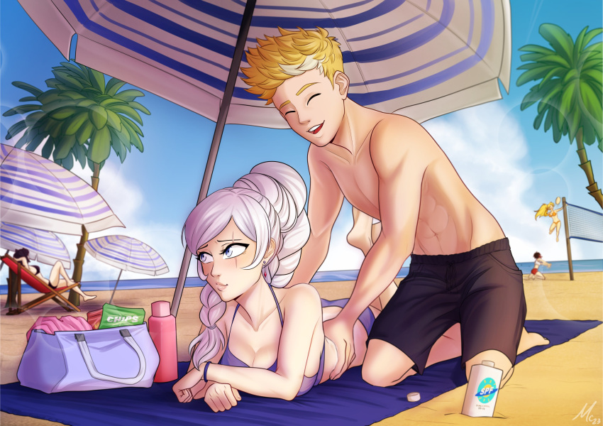 1boy 2023 4girls beach beach_background beach_towel bikini blake_belladonna blonde_hair blue_eyes bra breasts closed_eyes duo female jaune_arc light-skinned_female light-skinned_male light_skin lingerie long_hair male/female massage mcmystery multiple_girls romantic romantic_couple rooster_teeth ruby_rose rwby scar scar_across_eye scar_on_face short_hair straight suncream weiss_schnee white_hair wholesome yang_xiao_long