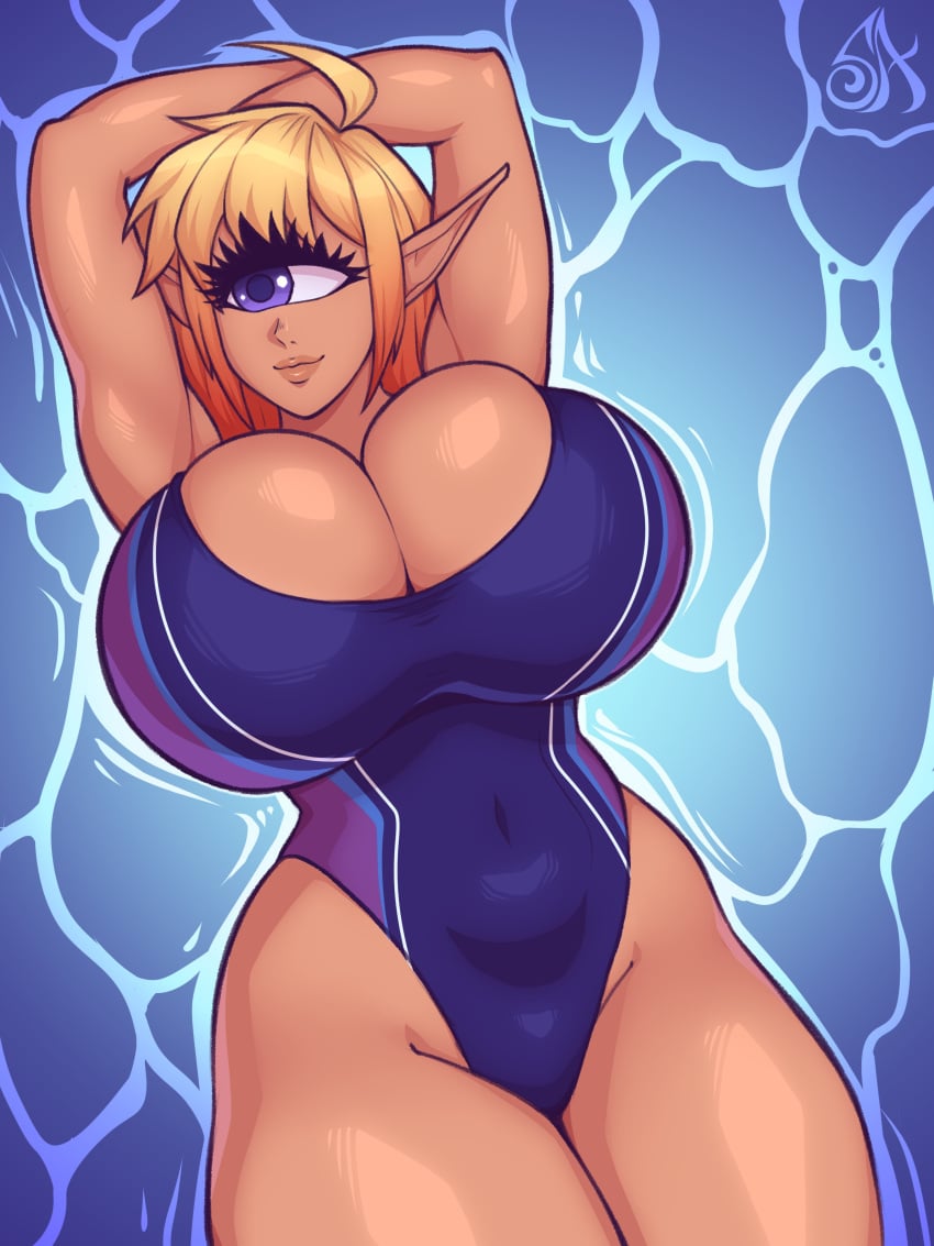 1girls absurd_res arms_above_head big_breasts blonde_hair blue_eyes cleavage cyclops eyelashes female female_only inner_sideboob looking_away orange_hair pointy_ears solo souladdicted swimsuit thick_thighs two_tone_hair viviana_(souladdicted)