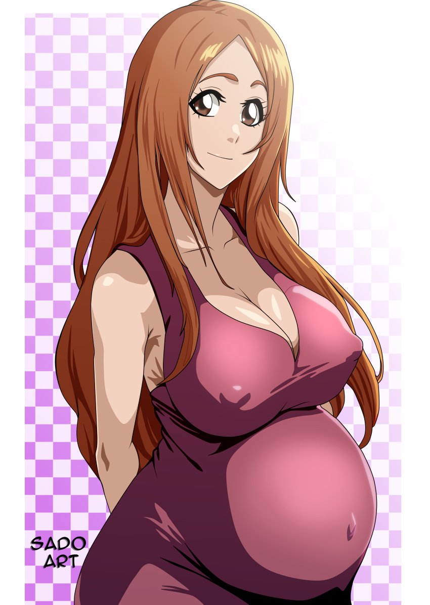 1girls belly big_belly big_breasts bleach breasts cleavage female huge_breasts inoue_orihime light-skinned_female light_skin nipple_bulge orange_hair outie_navel pregnant sado_art solo