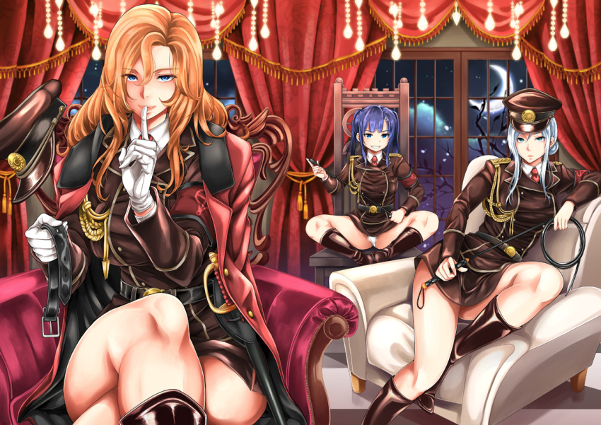 2d 3girls belt dominant_female dominatrix female female_only femdom holding_belt holding_whip military_hat military_jacket military_uniform miryuku multiple_doms multiple_girls riding_crop whip