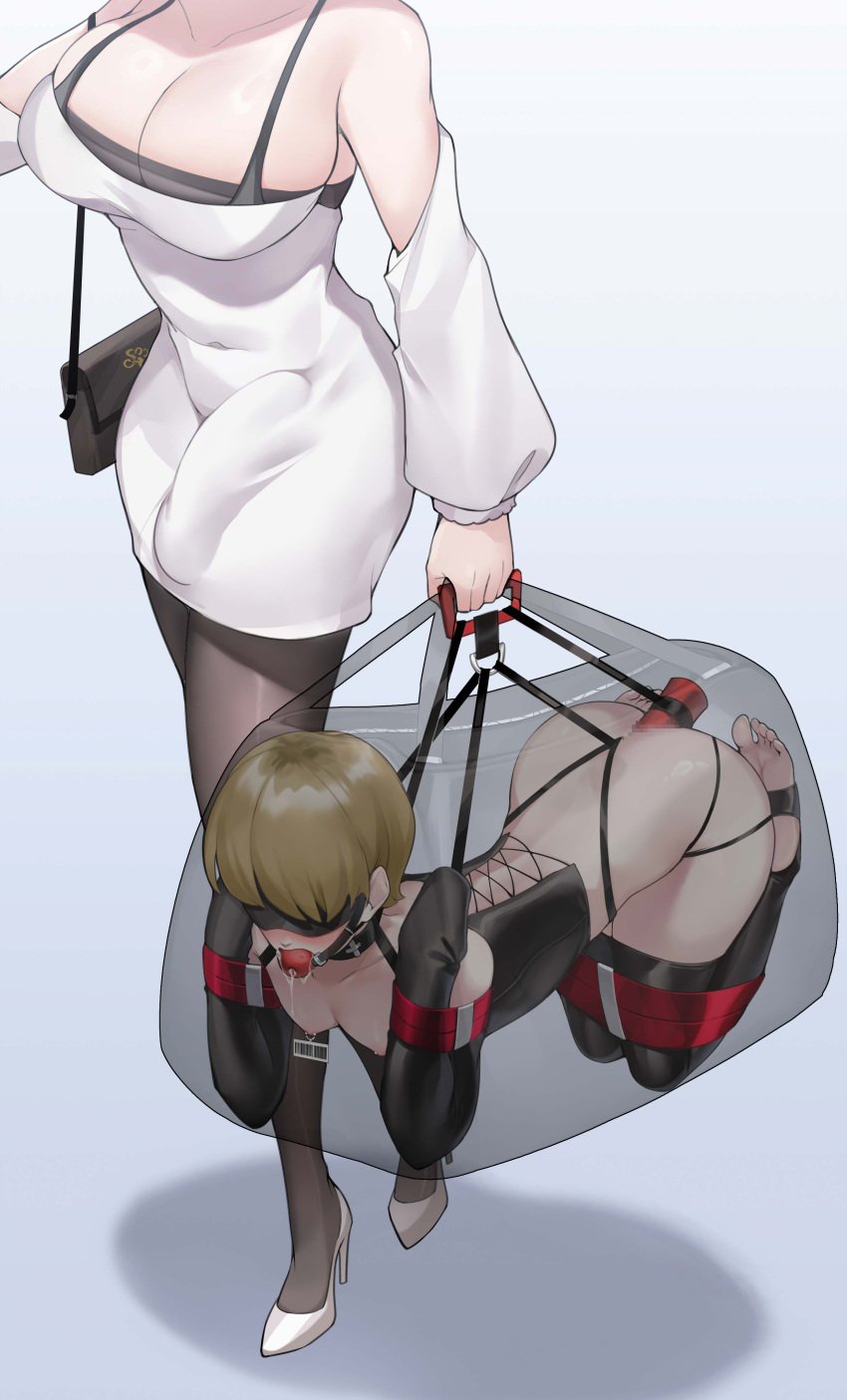 1boy 1futa absurdres ass bag ball_gag bare_shoulders big_breasts big_penis black_thighhighs blindfold blonde_hair blue_background blush bound bound_arms bound_legs bra_strap breasts brown_pantyhose bulge censored cleavage clothed clothing commentary_request corset detached_sleeves dildo dominant dominant_futanari dress drooling encasement erection erection_under_clothes femboy fully_clothed futa_on_male futadom futanari gag gins gradient_background handbag harness head_out_of_frame hidden_bondage high_heels highres holding human human_luggage in_a_box large_breasts light-skinned_futanari light-skinned_male light_skin luggage male malesub mosaic_censoring nipples nude original otoko_no_ko pantyhose restrained saliva sex_toy shadow shoes short_dress short_hair sissy standing stirrup_legwear strapless strapless_dress submissive submissive_male suitcase suitcase_bondage thighhighs toeless_legwear transparent walking white_dress white_footwear x-ray