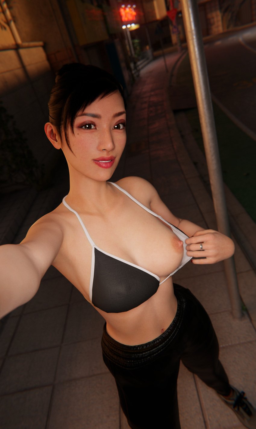 3d areola asian_female beauty_mark bikini_top chitose_fujinomiya evening exposed_breasts flashing flashing_breasts light-skinned_female like_a_dragon_(series) mammothnsfw medium_breasts neon_lights nipple_bulge public public_exposure rgg_studio ryuu_ga_gotoku ryuu_ga_gotoku_8 sega selfie slim_waist sweatpants