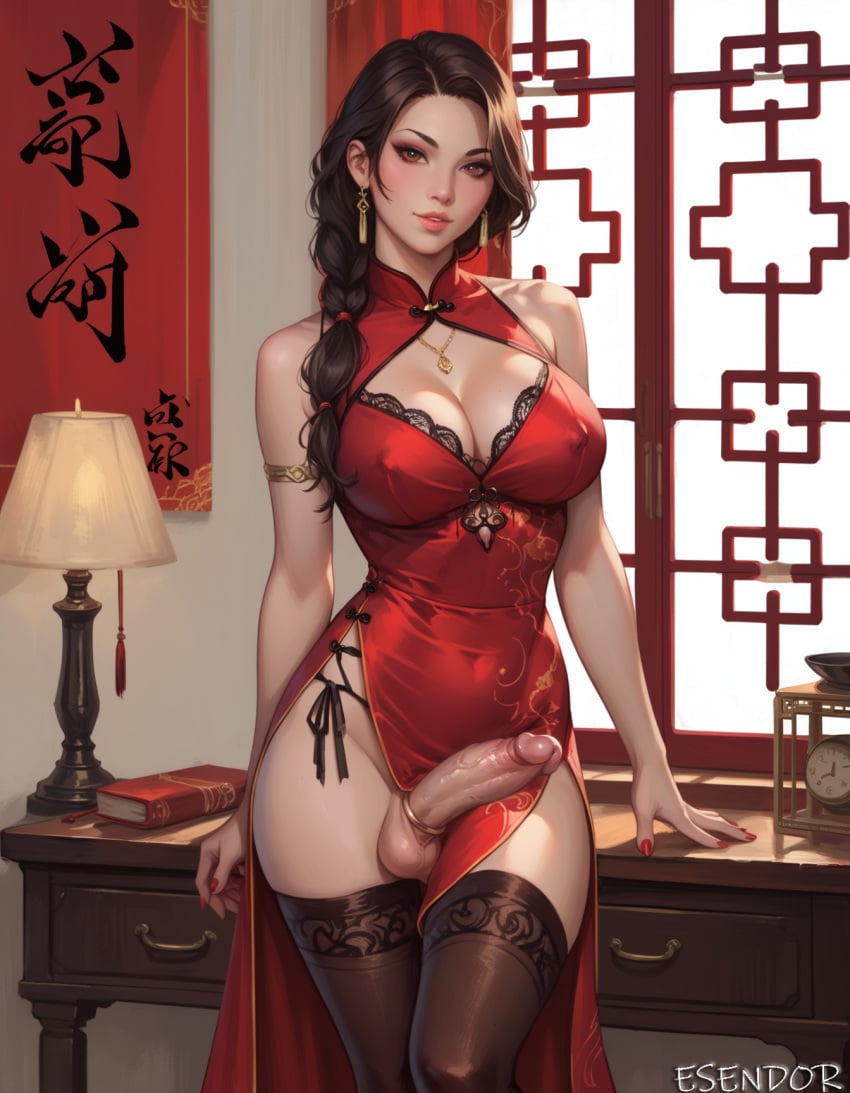 1futa ai_generated big_breasts big_penis chinese_dress cock_ring dickgirl erection esendor futanari large_penis long_hair looking_at_viewer solo stable_diffusion testicles thighhighs