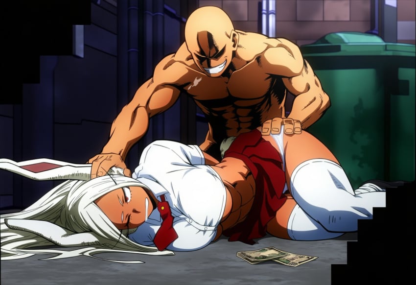 1boy ai_generated alleyway bunny_ears bunny_girl drool female half_awake imminent_rape imminent_sex mirko my_hero_academia on_side prussia123 rumi_usagiyama school_uniform schoolgirl slutty_female trash_can vulnerable