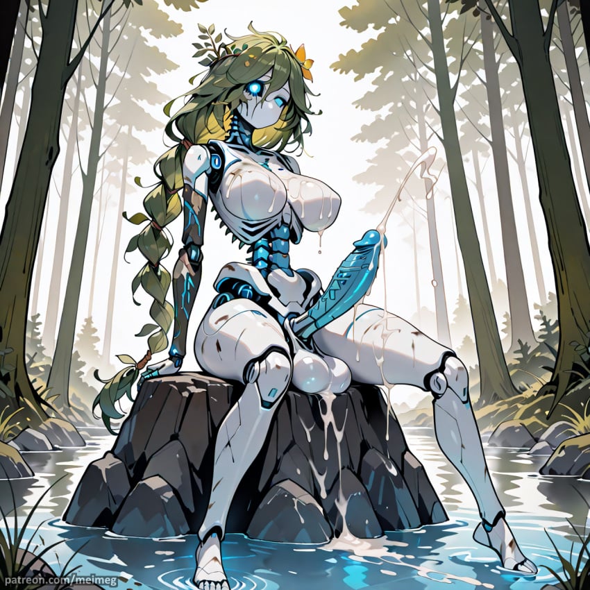 ai_generated big_balls big_breasts big_cock big_penis blue_eyes blue_penis cum cumshot damaged damaged_body dryad forest futanari glowing_eyes green_hair huge_balls huge_breasts huge_cock large_balls large_breasts large_cock large_penis meimeg naked plant_hair robot robot_girl robot_humanoid robotic_penis sitting spine white_skin