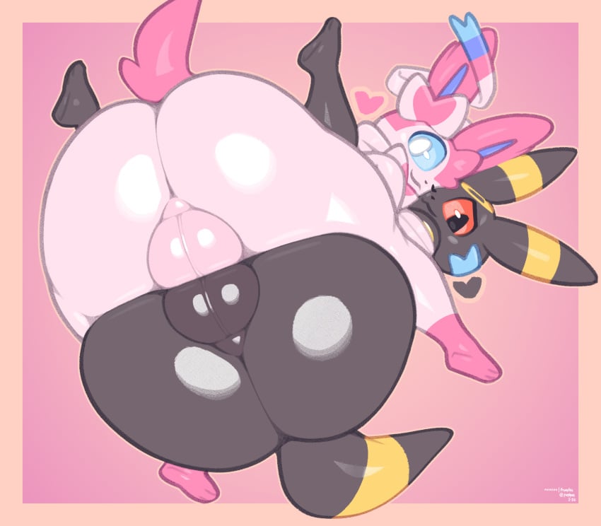 2026 anthro anthro_on_anthro anthrofied artist_name ass balls big_butt black_body black_skin colored curvy_figure dated digital_drawing_(artwork) digital_media_(artwork) eeveelution english_text feet femboy frumples generation_2_pokemon generation_6_pokemon genitals hi_res huge_butt humanoid_genitalia looking_back mammal multicolored_body multicolored_skin nintendo nude open_mouth pink_body pink_skin pokemon pokemon_(species) pokemorph shaded signature simple_background smile sylveon tail text thick_thighs two_tone_body two_tone_skin umbreon white_body white_skin wide_hips