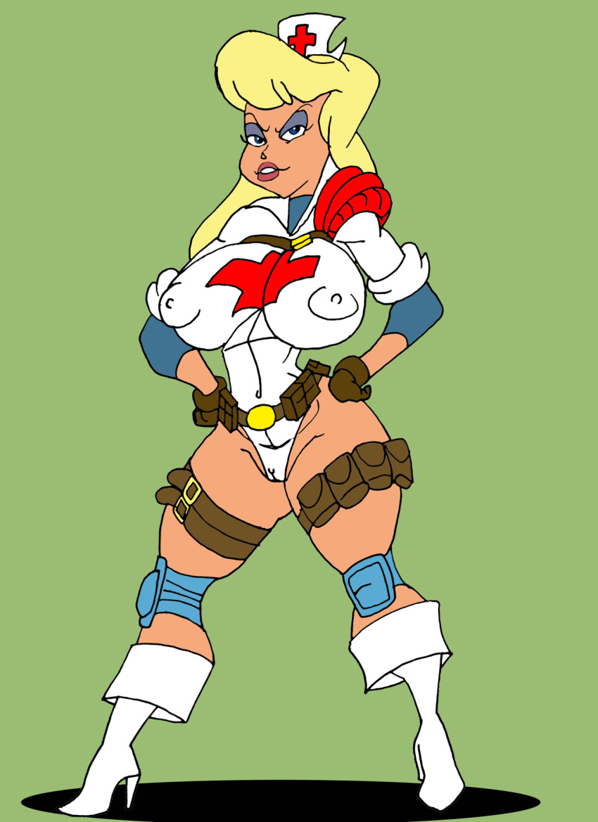 1girls animaniacs belt big_breasts blonde_hair blue_eyes brown_gloves busty caglioro3666 cleavage curvy erect_nipple eyeshadow female female_only front_view gloves hand_on_hips hands_on_hip hands_on_hips headgear hello_nurse heloise_nerz high_heel_boots high_heels hourglass_figure human legband leotard lipstick long_hair makeup nurse open_mouth pocket pose posing pouch simple_background solo standing voluptuous warner_brothers wide_hips yellow_hair