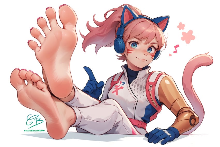 :3 ai_assisted animal_ear_headphones animal_ears barefoot blue_eyes blue_gloves cat_ear_headphones cat_ears cat_tail creamybiscuit facial_mark fake_animal_ears feet foot_focus gloves headphones musical_note pink_hair ponytail smile soles tail toenails toes whisker_markings