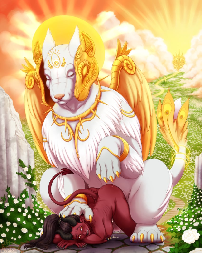 black_hair bodily_fluids canid canine closed_eyes demon duo feathers female feral fur genital_fluids hair heaven hi_res horn humanoid male male/female mammal outside pink_nose red_body red_skin sex succubus tail tail_feathers teratophilia white_body white_fur witchofavalon