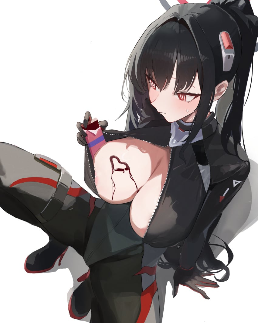 1girls absurdres areola_slip arm_support black_bodysuit black_hair black_halo blue_archive bodysuit breasts bright_pupils candy chocolate chocolate_bar chocolate_on_body chocolate_on_breasts cleavage closed_mouth commentary food food_on_body from_above hair_between_eyes hair_ornament halo heart highres holster impossible_bodysuit impossible_clothes large_breasts latex latex_bodysuit long_hair looking_to_the_side multicolored_halo official_alternate_costume official_alternate_hairstyle open_bodysuit open_clothes partially_unzipped ponytail red_eyes ringed_eyes rio_(armed)_(blue_archive) rio_(blue_archive) shadow sidelocks simple_background skin_tight solo squatting sweat thigh_holster two-tone_halo valentine's_day very_long_hair white_background white_pupils x_m:imabs