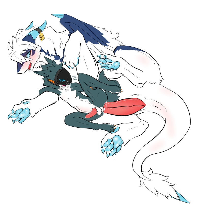 2025 2_horns anal anal_sex anthro anthro_on_feral anthro_penetrated big_penis blue_horn blue_markings blue_pawpads blush bodily_fluids breath claws cum cum_on_face digital_drawing_(artwork) digital_media_(artwork) dragon duo ear_piercing ear_tag feral feral_penetrating feral_penetrating_anthro fur furred_dragon furred_scalie furred_wings gagaga_ram genital_fluids genitals hi_res horn huge_cock it'll_never_fit knot knotted_penis korean_description larger_feral long_penis long_tail machine male male/male mane markings mythological_creature mythological_scalie mythology open_mouth panting pawpads penetration penis penis_size_difference piercing protogen protogen_visor scalie sex shallow_penetration size_difference skinny_anthro small_penis smaller_anthro tail tail_anus teal_body teeth white_body white_mane zoophilia