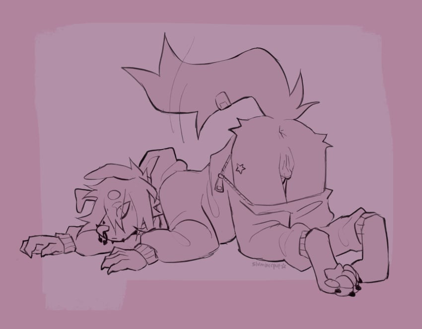 all_fours andromorph anthro anus ass ass_up big_clitoris canid canine canis clitoris clothing domestic_dog facial_piercing floppy_ears fur genitals hair hi_res intersex kigurumi looking_back mammal multiple_piercings nose_piercing onesie pawpads paws piercing pillow_(slumberpup) presenting presenting_hindquarters simple_background slumberpup solo tail trans_(lore) trans_man_(lore) vulva wardrobe_malfunction zipper zipper_down