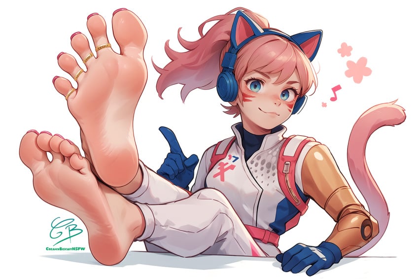 :3 ai_assisted animal_ear_headphones animal_ears barefoot blue_eyes blue_gloves cat_ear_headphones cat_ears cat_tail creamybiscuit facial_mark fake_animal_ears feet foot_focus gloves headphones jewelry musical_note pink_hair ponytail ring smile soles tail toe_ring toenail_polish toenails toes whisker_markings