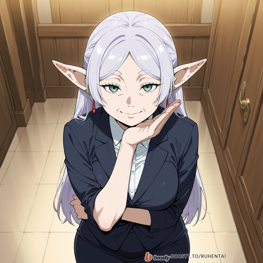 1girls ai_generated breasts elf face female female_only frieren frieren_beyond_journey's_end male mature_female milf office office_clothing office_lady solo_focus sousou_no_frieren sweat uncensored white_hair